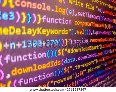 Abstract screen of web developer. Datacenter backup. Failed reading data. Software development monitor. Fundamental and technical analysis concept. Sale  tagcloud. Coding concept.