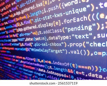 Abstract screen of web developer. Social media concept in blue virtual space. Blue banner with php language code on development monitor. Computer source code in blue. Binary code. Blue color.