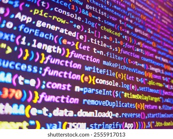 Abstract screen of web developer. Stock market graph analysis. Cyber attack or security concept. Colorful digital technology modern background. Mosaic pattern. Night city with connectors.