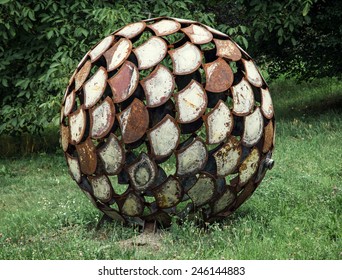 Abstract Sculpture In The Globe Shape. Botanic Garden In Prague, Czech Republic.