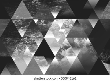 Abstract Sea Geometric Background With Triangles, Water Waves. Black And White 