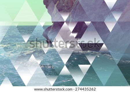 abstract sea geometric background with triangles, water waves and unfocused rocks