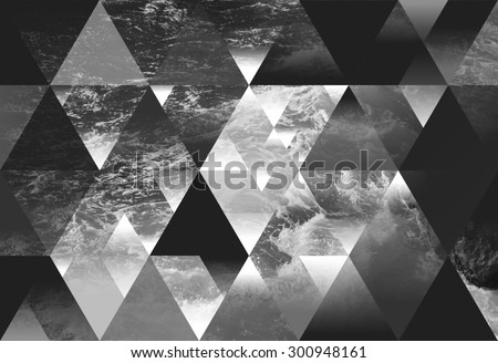 abstract sea geometric background with triangles, water waves. black and white 