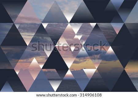 abstract sea geometric background with triangles and cumulus clouds; polygonal cloudscape backdrop; water, evening, sunset, op art 