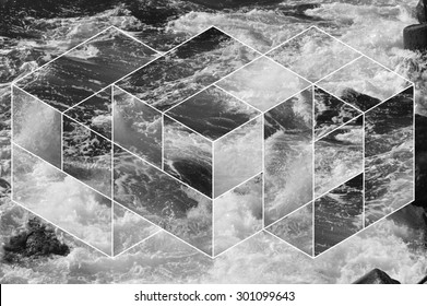 abstract sea geometric background, water waves. polygonal backdrop.  black and white, op art