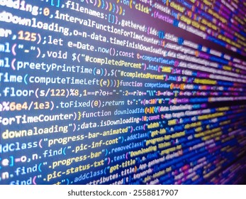 Abstract seamless zigzag pattern with waves in white, green, blue, lilac tones. Data security concept. Abstract computer script code. Programming code text on computer screen. Double exposure.
