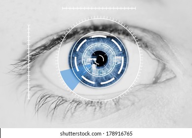 Abstract Security Iris or Retina Scanner being used on an Intense Macro Blue Human Eye, with Limited Palette