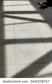 Abstract shadow pattern of railing on pedestrian bridge floor during sunny day.