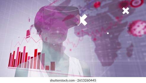 Abstract shapes and neon barcode against woman wearing vr headset. image game interface and entertainment technology concept