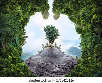Abstract silhouette of lungs against the background of a dense forest. Trees are the lungs of the planet. Air purification. Mountains. Ecological concept.