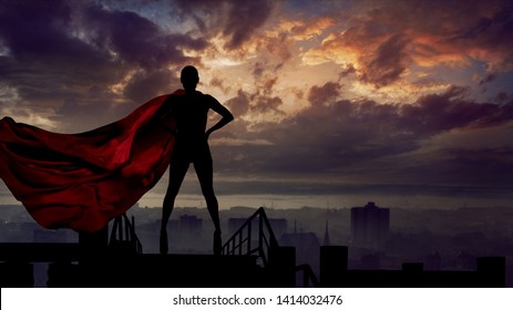 Abstract silhouette portrait of young hero woman with super person red cape guard city