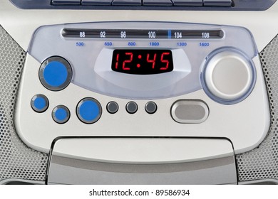 Abstract silver control panel from mass production electronic device background. With display patch. Selective focus