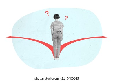 Abstract sketch of confused lady stand red arrows have no idea what direction choose isolated pastel color background - Shutterstock ID 2147400645