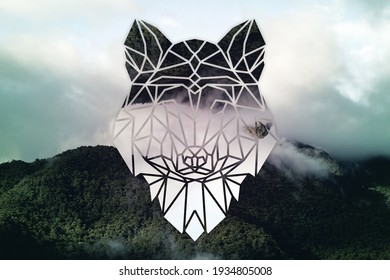 abstract sky geometric background with Animal polygons, mountains and cumulus clouds, polygonal cloudscape backdrop, op art, altitude. reality is an illusion