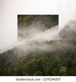 Abstract sky geometric background with polygons, mountains and clouds, polygonal cloudy landscape background, op art, height. Reality illusion. Stock square photo. Use for cover. Reflection Landscape