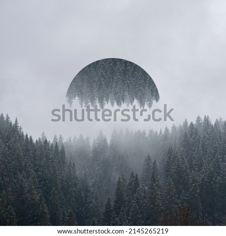 Abstract sky geometric background with polygons, mountains and clouds, polygonal cloudy landscape background, height. Reality illusion. Stock square photo. Use for cover. Reflection Landscape