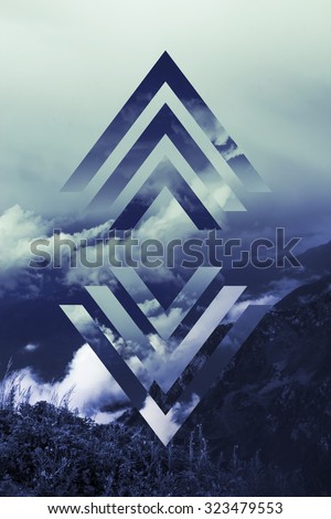 abstract sky geometric background with polygons, mountains and cumulus clouds, polygonal cloudscape backdrop, op art, altitude. reality is an illusion