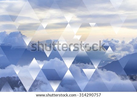 abstract sky geometric background with triangles, mountains and cumulus clouds, polygonal cloudscape backdrop, op art, altitude, sunset