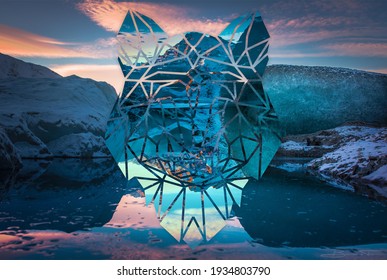 abstract sky geometric background with wolf polygons, mountains and cumulus clouds, polygonal cloudscape backdrop, op art, altitude. reality is an illusion