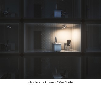 Abstract Small Illuminated Container Office At Night. Employment Concept. 3D Rendering 