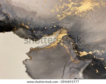 Abstract smokey grey background with beautiful pleats and stains made with alcohol ink and gold pigment. Black and white colored fragment with texture resembles watercolor or aquarelle painting. 