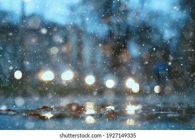 Abstract Snow Blurred Background City Lights, Winter Holiday New Year