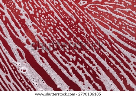 Abstract soap foam pattern on red surface. White bubbles texture closeup. Car wash cleaning background. Dynamic organic shapes and lines. High contrast abstract design with copy space.