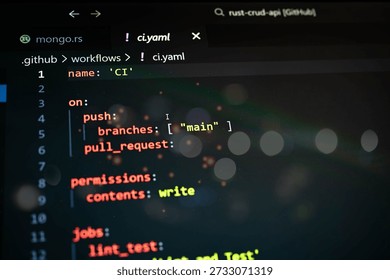 Abstract software code displayed on a computer screen, representing automated development processes, system configuration, and modern programming workflow. Concept of technology, digital automation, and professional coding environment.