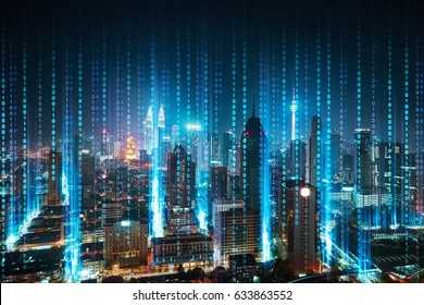 Abstract software developer programming binary computer code with modern city skyline .
