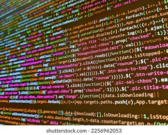 Abstract source code background. Coding css on mornitor at the office - for background or montage product. Matrix flat design. Mobile app developer. Software development. Programming code