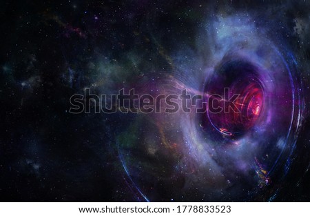 Abstract space wallpaper. Black hole with lighn ray and nebula over colorful stars with cloud fields in outer space. Elements of this image furnished by NASA.