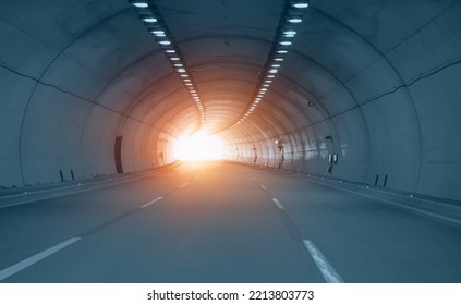 Abstract Speed Motion In Blue Highway Road Tunnel At Sunset