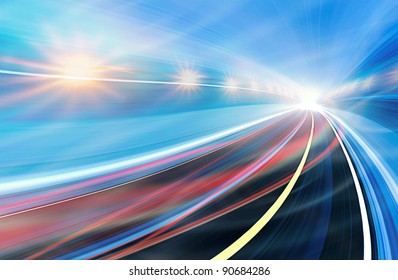 Abstract speed motion in urban highway road tunnel, blurred motion toward the light. Computer generated colorful illustration. Light trails, fiber optics technology background.
