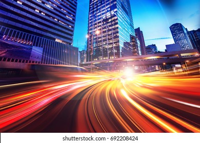 Abstract Speed Technology Background With Hong Kong City Night Scenes