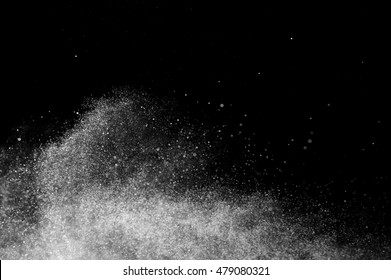 Abstract Splashes Of Water On Black Background. Freeze Motion Of White Particles. Rain, Snow Overlay Texture.