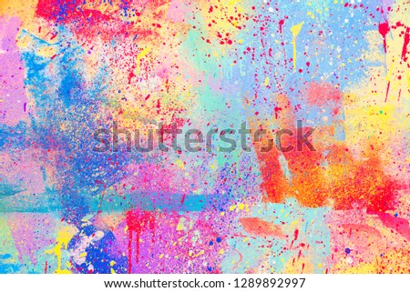 Abstract splatter color background, colorful paint drops ink splashes grunge card design.