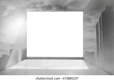 Abstract square room empty space interior with opening in the wall and double exposure city building and pollution cloud background