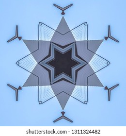 Abstract Star Shape Made From Real Estate Photo. Geometric Kaleidoscope Pattern On Mirrored Axis Of Symmetry Reflection. Colorful Shapes As A Wallpaper For Advertising Background Or Backdrop.