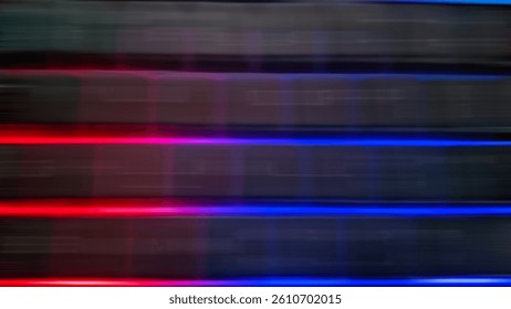 Abstract streaking motion blur of red and blue lights creates a trail suggesting fast, energetic movement. Ideal for dynamic visuals.