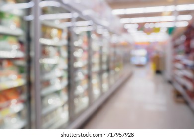 Abstract Supermarket Refrigerator For Storage Frozen Food Product In Grocery Store