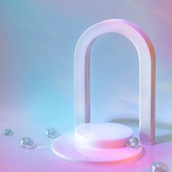 Abstract Surreal Scene - Empty Stage With Cylinder Podium And Arch On Holographic Pastel Background With Glass Beads In Water. Pedestal For Cosmetic, Beauty Product, Packaging Mockups Presentation