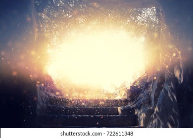 Abstract and surrealistic image of cave with light. revelation and open the door, Holy Bible story concept.