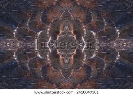 Abstract symmetric pattern of brilliant and colorful feathers of the duck wing as background close-up. Ornamental surreal tracery of bird feathers. The image with mirror effect.