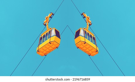 Abstract Symmetrical Image Pattern Background. Design Banner Backdrop. Two Yellow Funicular Cars and Blue Sky. Miracle Effect