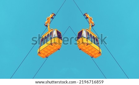 Abstract Symmetrical Image Pattern Background. Design Banner Backdrop. Two Yellow Funicular Cars and Blue Sky. Miracle Effect