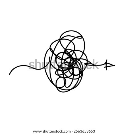 Abstract tangled lines vector with arrows and circles. Symbol of chaos and complex paths, suitable for logos and creative designs. Isolated on a white background.