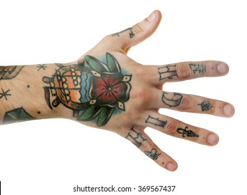 Abstract Tattoo On Male Hand Over White Background