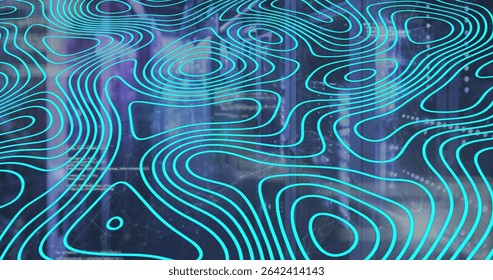 Abstract teal contour pattern shifting in data visualization, with blurred code and node symbols. Futuristic, digital, technology, visualization, abstract, informatique, network