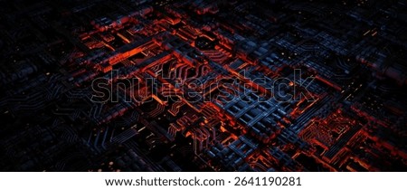 Abstract Tech Circuitry Glowing Red Network