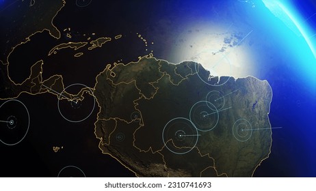 Abstract Tech Earth Globalization in 3d Illustration. South America map. Concept Transmit Ai Networking. Transfer 5g Web Communications Signal on Worldwide. Global Business Dots on Blue Planet